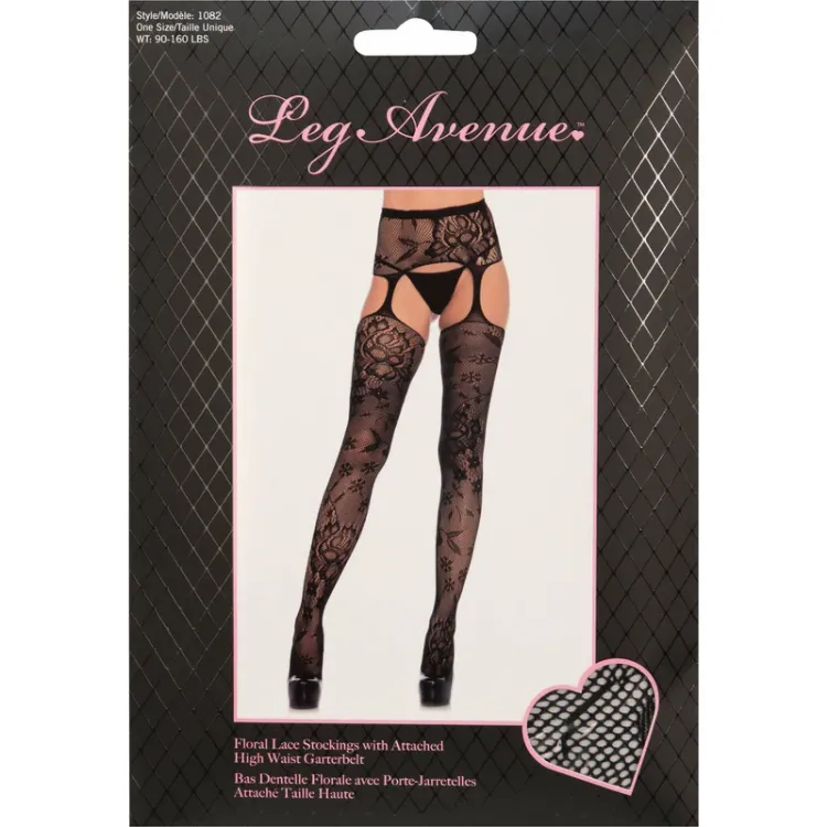 Image de Leg Avenue - Bas en dentelle florale avec porte-jarretelles
