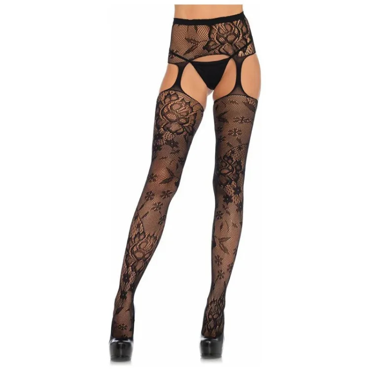 Image de Leg Avenue - Bas en dentelle florale avec porte-jarretelles